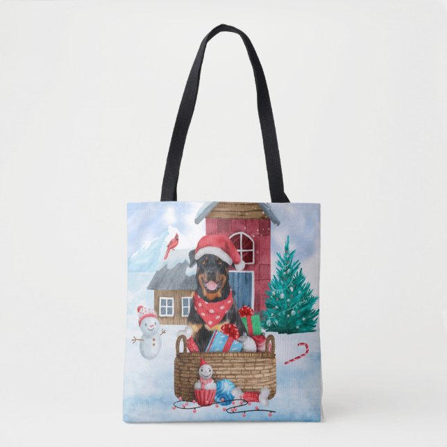 Rottweiler Dog In snow Christmas Dog House  Tote Bag (Front)