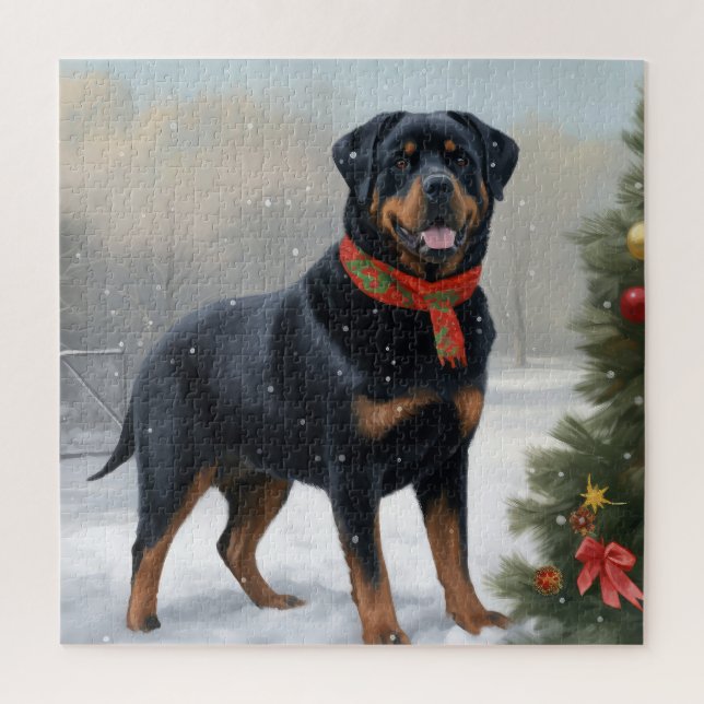 Rottweiler Dog in Snow Christmas Jigsaw Puzzle (Vertical)