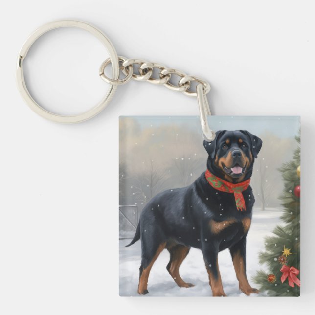 Rottweiler Dog in Snow Christmas Key Ring (Front)