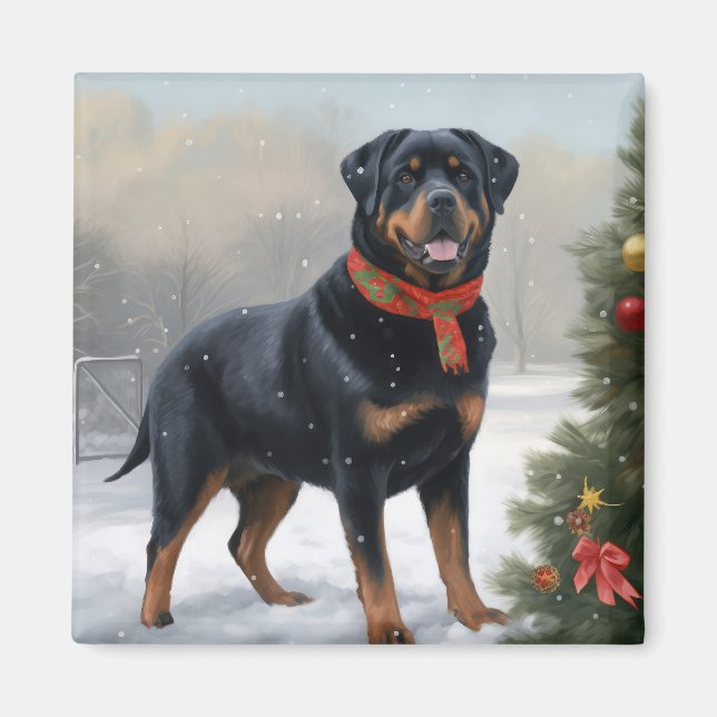 Rottweiler Dog in Snow Christmas Magnet (Front)