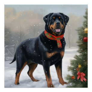 Rottweiler Dog in Snow Christmas Poster