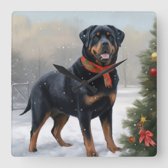 Rottweiler Dog in Snow Christmas Square Wall Clock (Front)