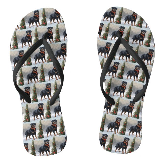 Rottweiler Dog in Snow Christmas Thongs (Footbed)