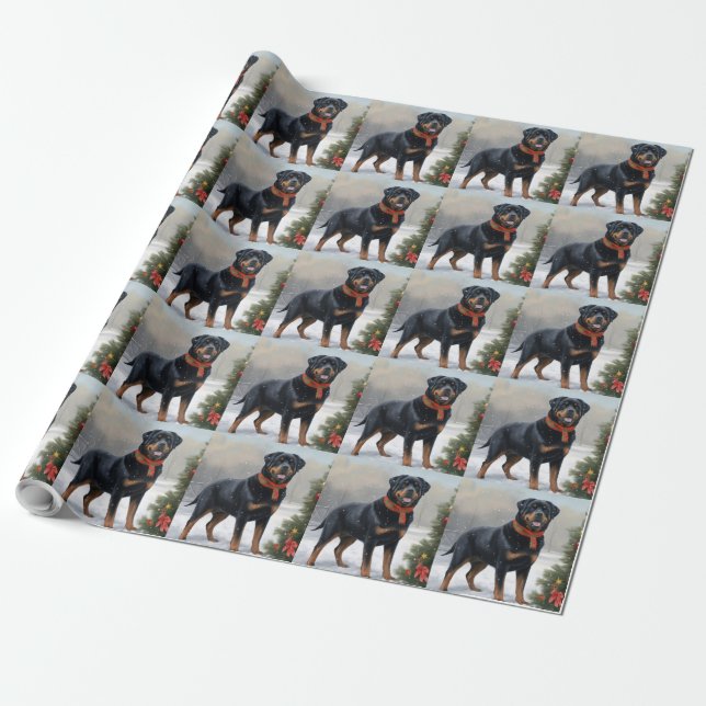 Rottweiler Dog in Snow Christmas Wrapping Paper (Unrolled)