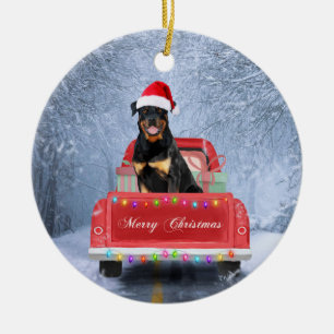 Rottweiler Dog in Snow sitting in Christmas Truck Ceramic Ornament