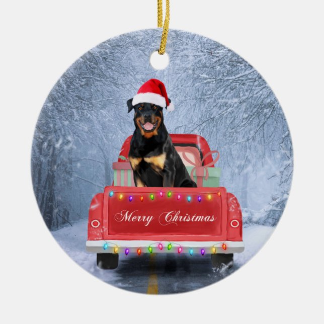 Rottweiler Dog in Snow sitting in Christmas Truck Ceramic Ornament (Front)