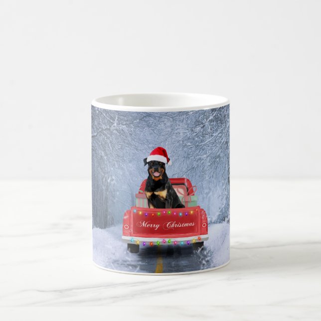 Rottweiler Dog in Snow sitting in Christmas Truck Coffee Mug (Center)