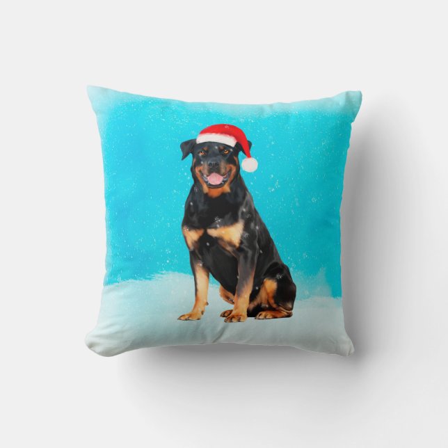 Rottweiler Dog in Snow With Santa Hat Cushion (Front)