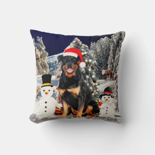 Rottweiler Dog in Snow With Santa Hat Cushion