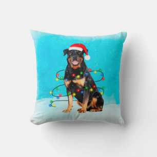 Rottweiler Dog in Snow With Santa Hat Lights Cushion
