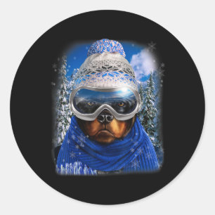Rottweiler Dog In Winter Ski Snowboarding Sport We Classic Round Sticker