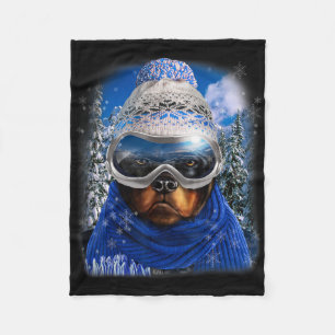 Rottweiler Dog In Winter Ski Snowboarding Sport We Fleece Blanket