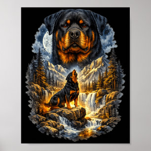 Rottweiler Dog Nature Howling to the Moon Vintage Poster