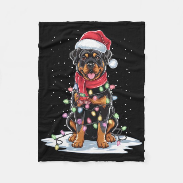 Rottweiler Dog Santa Hat Christmas Tree Light Xmas Fleece Blanket (Front)