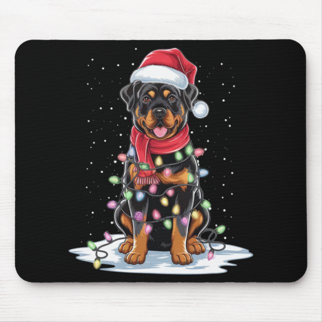 Rottweiler Dog Santa Hat Christmas Tree Light Xmas Mouse Pad (Front)