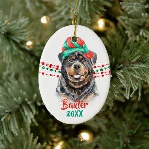 Rottweiler Dog Santa Hat Holiday String Beads Ceramic Ornament