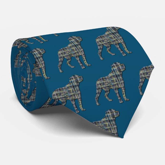 Rottweiler Dog Silhouette Yellow& Blue Grid Blue Tie (Rolled)