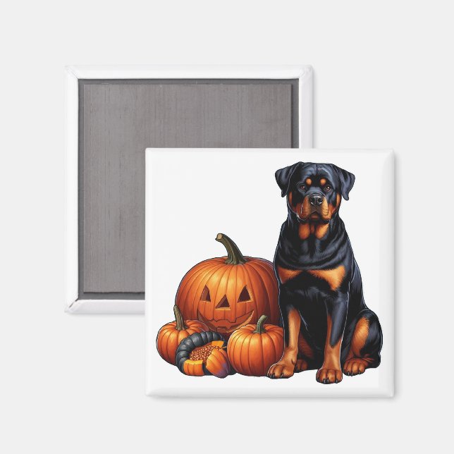 Rottweiler Dog Sitting by Halloween Pumpkins Magnet (Front/Back)