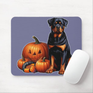 Rottweiler Dog Sitting by Halloween Pumpkins Mouse Pad