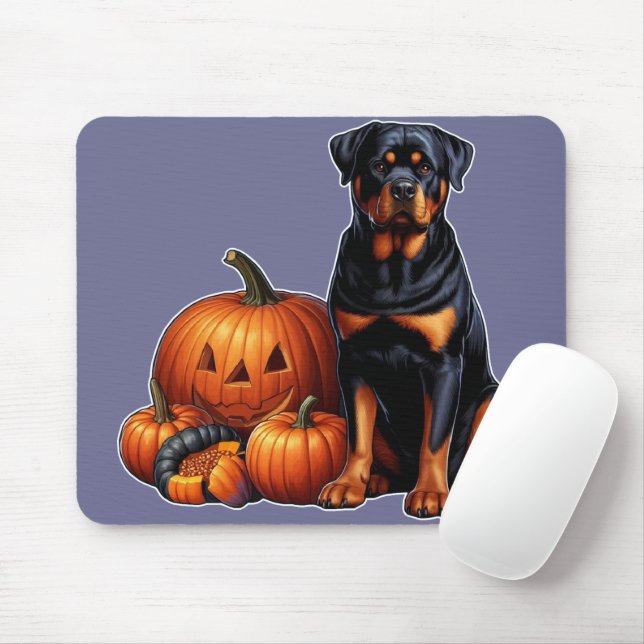 Rottweiler Dog Sitting by Halloween Pumpkins Mouse Pad (With Mouse)