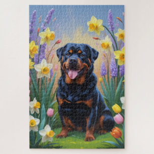 Rottweiler Dog Spring Flowers Painting Jigsaw Puzzle
