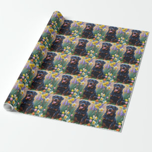 Rottweiler Dog Spring Flowers Painting Wrapping Paper