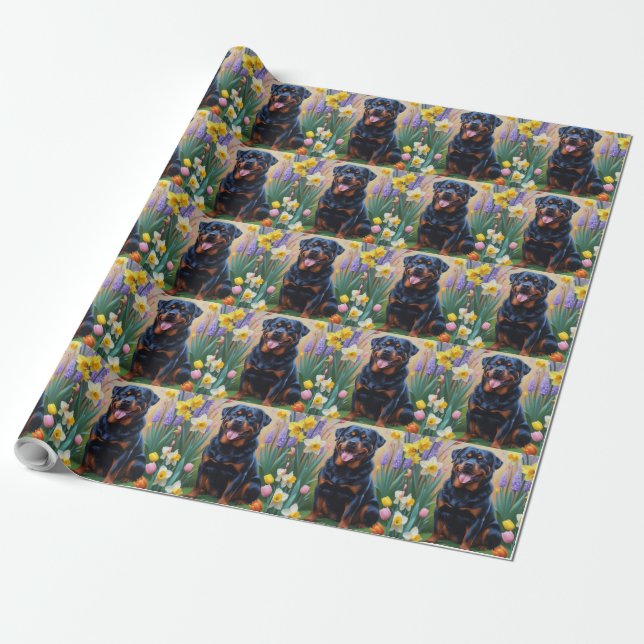 Rottweiler Dog Spring Flowers Painting Wrapping Paper (Unrolled)
