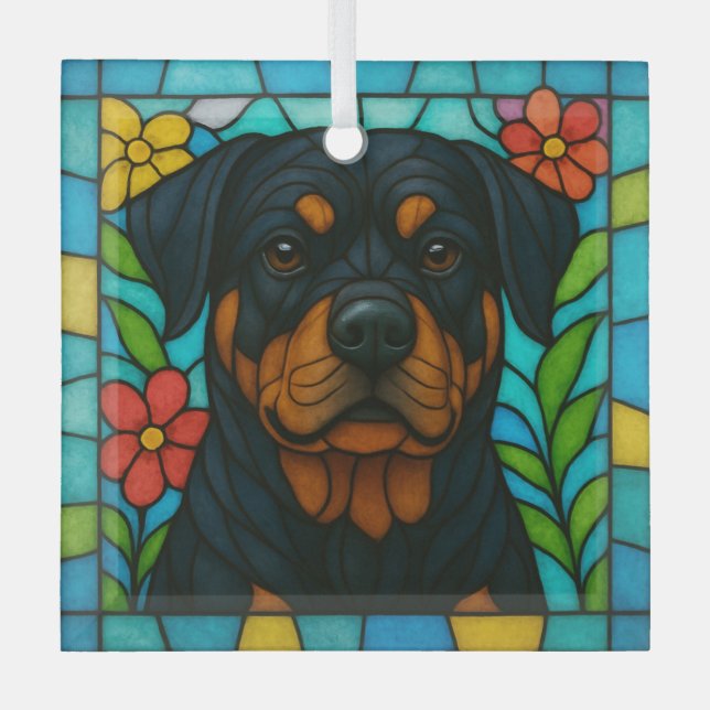 Rottweiler Dog "Stained Glass"  Glass Tree Decoration (Front)