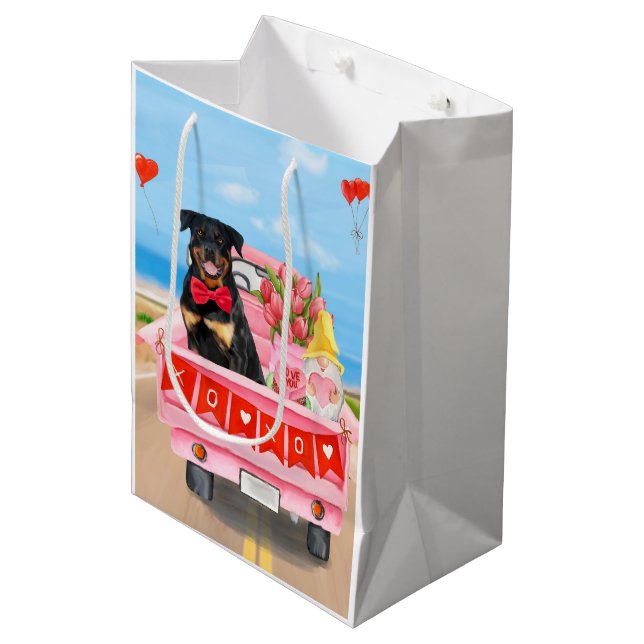 Rottweiler Dog Valentine's Day Truck Hearts Medium Gift Bag (Front Angled)