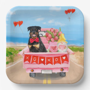 Rottweiler Dog Valentine's Day Truck Hearts Paper Plate