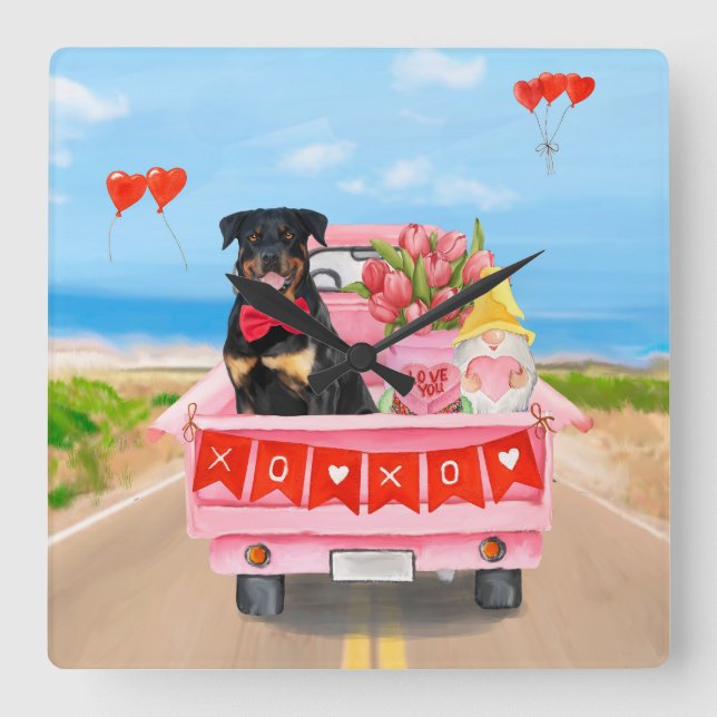 Rottweiler Dog Valentine's Day Truck Hearts Square Wall Clock (Front)