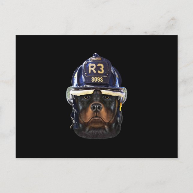 rottweiler dog wearing firefighter helmet premium announcement postcard (Front)