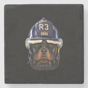 rottweiler dog wearing firefighter helmet premium stone coaster