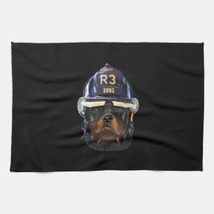 rottweiler dog wearing firefighter helmet premium tea towel