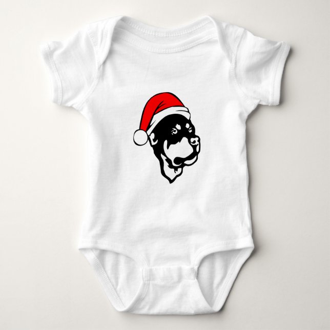 Rottweiler Dog wearing Red Christmas Santa Hat Baby Bodysuit (Front)
