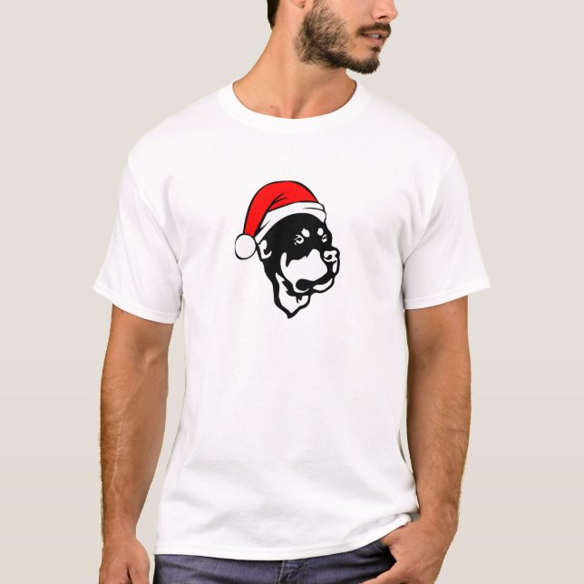 Rottweiler Dog wearing Red Christmas Santa Hat T-Shirt (Front)
