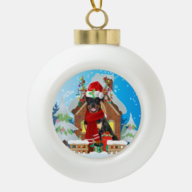 Rottweiler dog with Christmas gifts Ceramic Ball Christmas Ornament (Front)