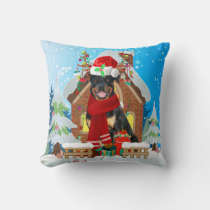 Rottweiler dog with Christmas gifts Cushion