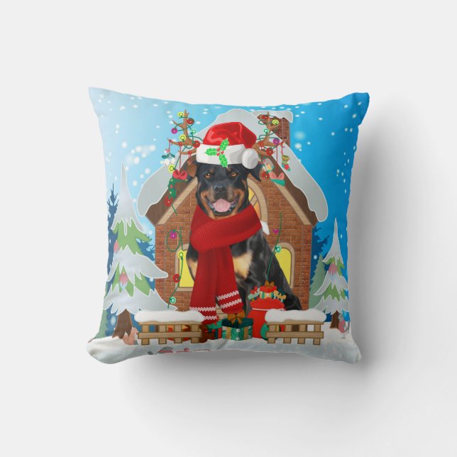 Rottweiler dog with Christmas gifts Cushion (Front)