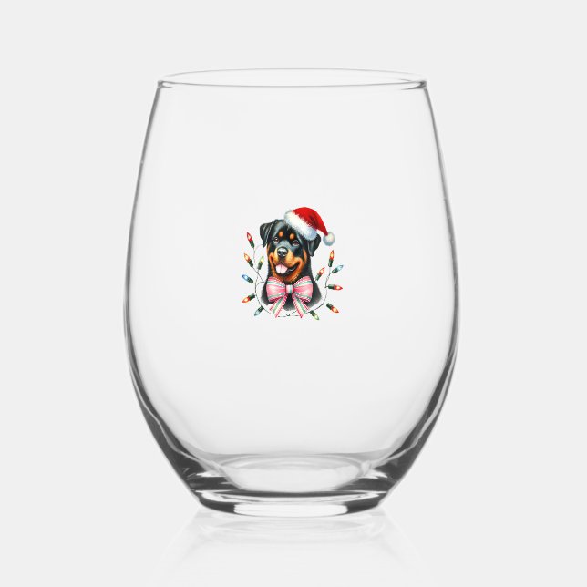 Rottweiler Dog With Coquette Bow Christmas Matchin Stemless Wine Glass (Front)
