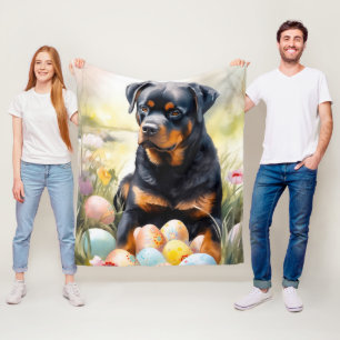 Rottweiler Dog with Easter Eggs Holiday  Fleece Blanket