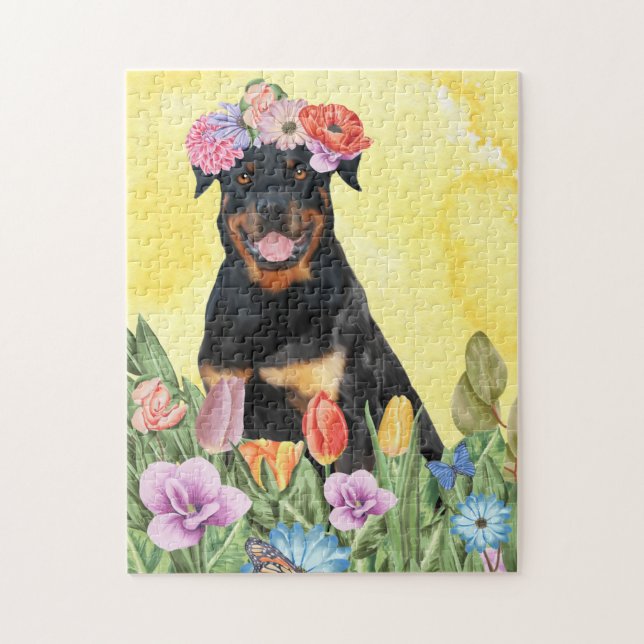 Rottweiler Dog with Flowers Spring Jigsaw Puzzle (Vertical)