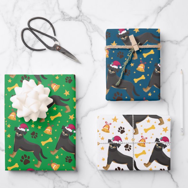 Rottweiler Dog With Santa Hat Christmas Wrapping Paper Sheet (Front)