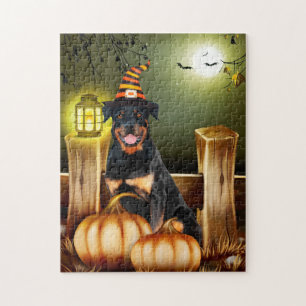 Rottweiler Dog with Witch Hat Halloween Jigsaw Puzzle