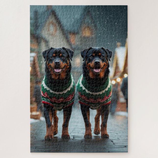 Rottweiler Dogs Christmas Snow Holiday Jigsaw Puzzle (Vertical)