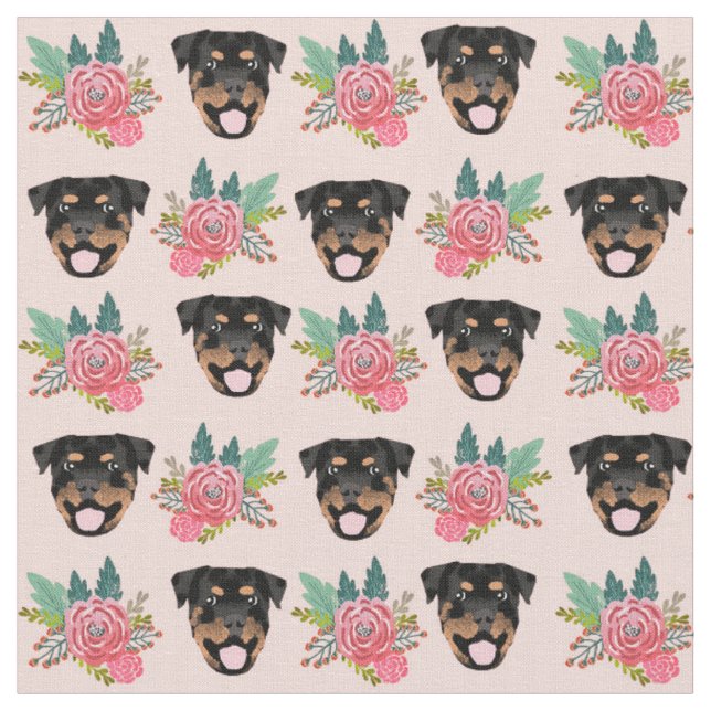 Rottweiler dogs pink florals fabric (Close Up)