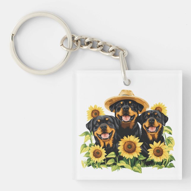 Rottweiler Dogs Surrounded By Sunflowers Key Ring (Front)