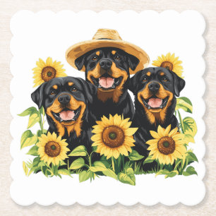 Rottweiler Dogs Surrounded By Sunflowers Paper Coaster