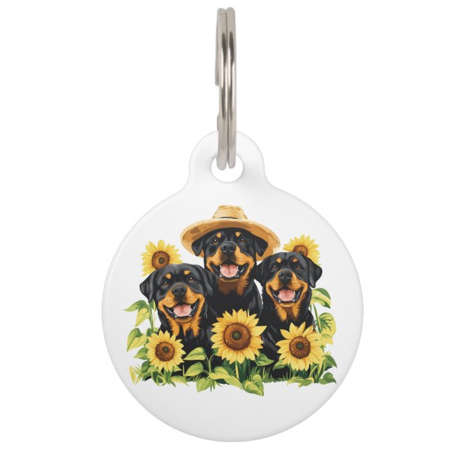 Rottweiler Dogs Surrounded By Sunflowers Pet Tag (Front)