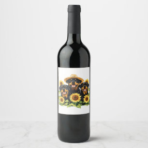 Rottweiler Dogs Surrounded By Sunflowers Wine Label